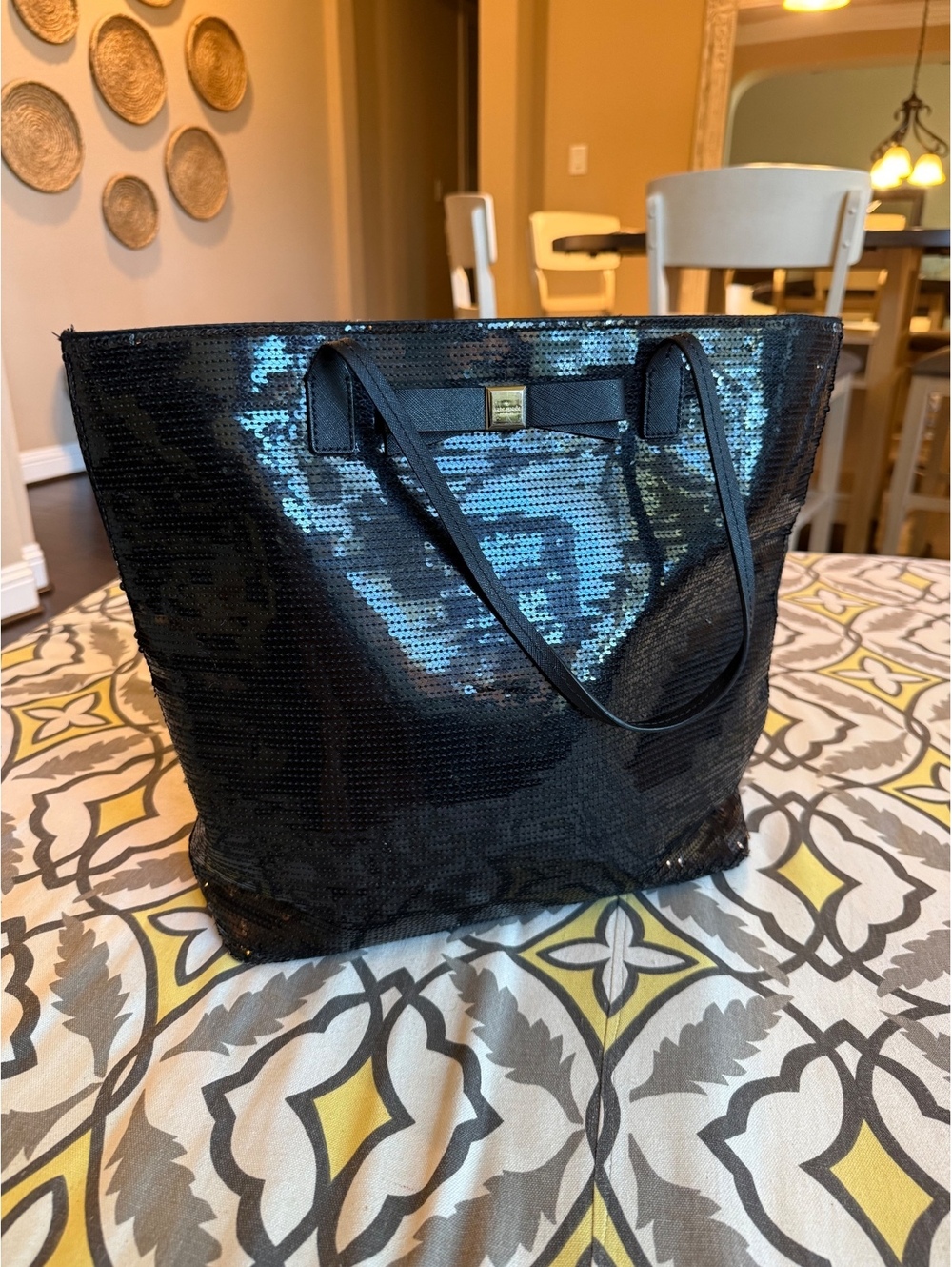 Kate Spade New York Black Sequin Bow Tote Shoulder Bag Large